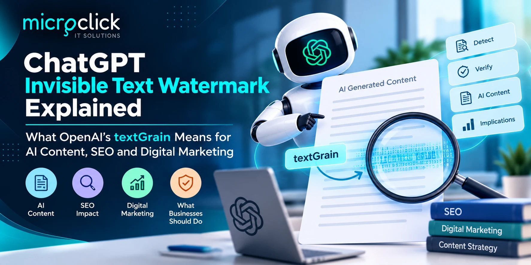 ChatGPT invisible watermark impact on SEO and digital marketing — MicroClick textGrain illustration